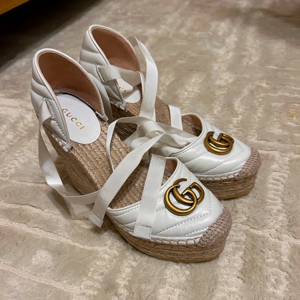 Gucci White Leather GG Marmont Platform Wedge Espadrilles Size 36.5